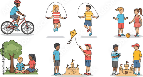 Diverse Children Playing Outdoors Vector Illustration Set with Biking Jumping Rope Reading and Sandcastles