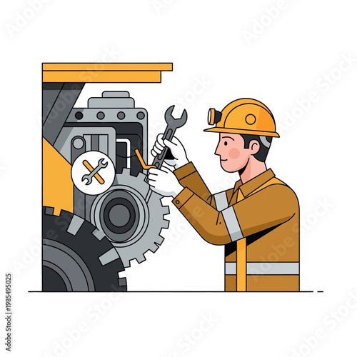 Miner Mechanic Fixing Heavy Machinery With Wrench, Industrial Repair Service
