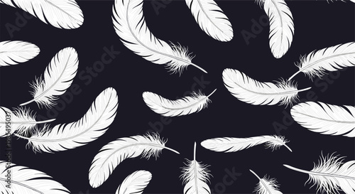 Graceful and light seamless pattern of various white bird feathers floating on a dark navy blue background for elegant textile designs.
