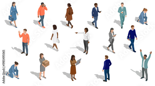 Diverse people set walking and interacting in isometric style | Multicultural men and women character collection performing various daily activities