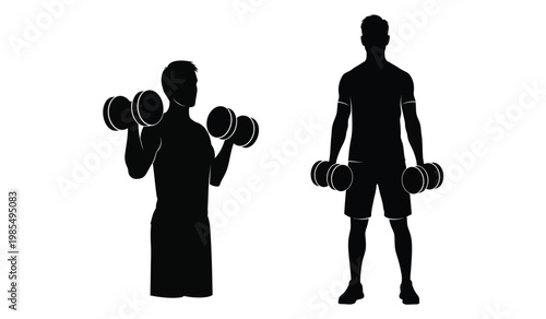 Two muscular men are depicted lifting dumbbells in a fitness setting showcasing strength and exercise a bold silhouette high quality professional detailed modern elegant