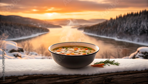 Homemade hearty soup in rustic bowl at snowy lakeside sunset