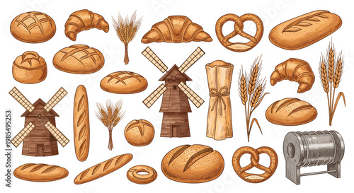 Comprehensive collection of bakery products including various breads croissants pretzels and wooden windmills for local bake shop themes.