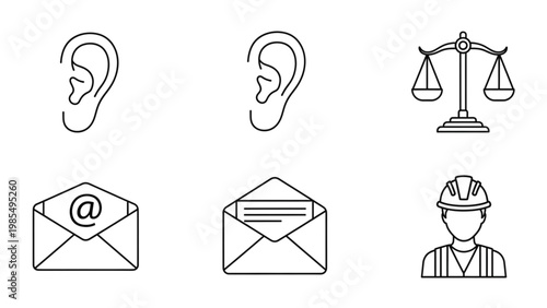 Communication and justice icon set including human ear scale of law email envelopes and construction worker engineer in thin black line style for legal service and industrial labor presentations.