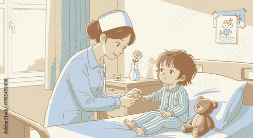 Nurse, child, hospital, illustration, kids healthcare, medical, vector, cartoon, doctor, patient, pediatrics, therapy, comforting, brown, beige, soft, caring, nurse and child, pediatric care