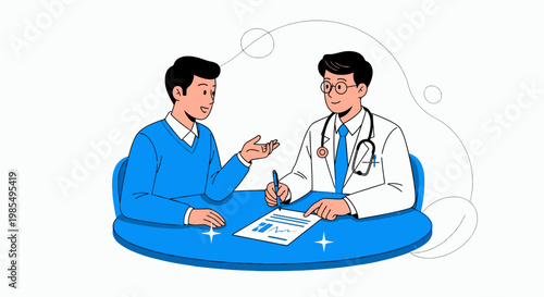 Doctor patient consultation, medical discussion, healthcare professionals, blue color scheme, vector illustration