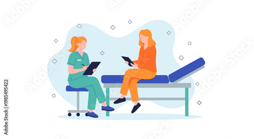 Medical professionals, healthcare workers, clinic staff, vector illustrations, flat design, blue and orange color scheme, medical consultation, doctor and patient, healthcare setting