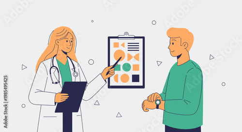 Medical consultation, doctor and patient discussion, healthcare professionals, vector illustration, white background, green and blue colors