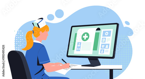 Medical professional, woman in blue scrubs, sitting at desk with computer and medical software, healthcare illustration, medical vector, doctor's office, clinic, medical chart, healthcare worker
