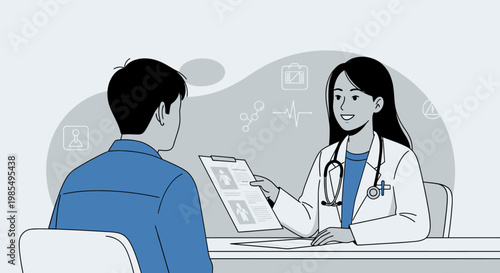 Medical consultation, doctor patient discussion, healthcare professionals, medical office vector illustration