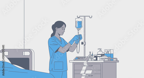 Medical, hospital, healthcare, vector, blue, illustration, nurse, patient, care, treatment, IV drip, medical equipment, blue scrubs, health, wellness, medicine, doctor's office, clinic, therapy