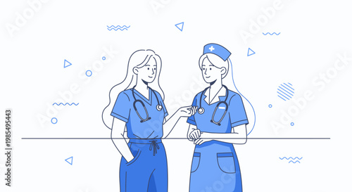 Medical professionals, doctors, nurses, healthcare workers, blue vector illustrations, modern design, line art style, 2 characters