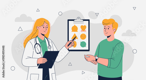 Medical consultation, doctor and patient illustration, healthcare vector, orange and green color scheme, modern flat design
