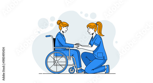 Medical care, healthcare, vector illustration, blue, nurse, patient, wheelchair, support, assistance, medical professional