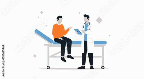 Medical consultation, doctor patient discussion, healthcare vector illustration, blue medical bed, orange patient shirt