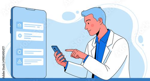 Mobile app developer, software engineer, coding on phone, white lab coat, blue shirt, vector illustration