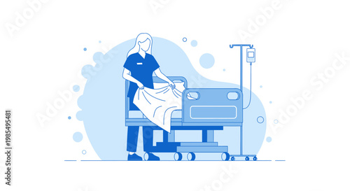 Medical, healthcare, hospital, nursing, caregiver, patient, blue, illustration, vector, 1 icon, medical staff, healthcare worker, hospital bed, patient care, nursing assistant, medical icon