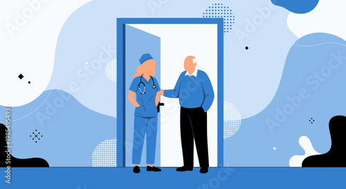 Business handshake, partnership illustration, door entrance, blue abstract background, vector handshake