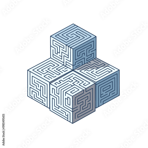 A complex geometric puzzle made of several interconnected cube-shaped mazes on white background