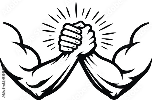 Arm wrestling hand lock strong muscular contest of strength power
Strong Arm Wrestling Competition Vector Illustration Two Hands Fighting Power Sport Design
