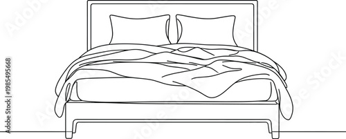 Continuous line drawing of a made bed
Minimalist line drawing of a bed with pillows and a simple headboard
