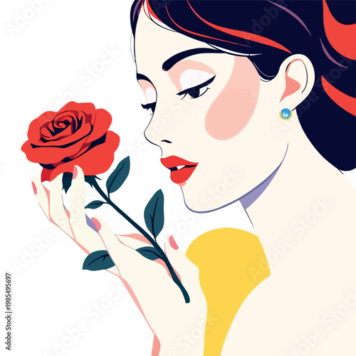 Vsai woman holding red rose smelling beautiful flower