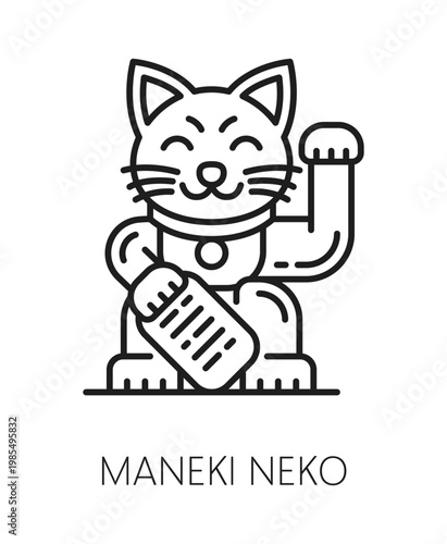 Japan maneki neko, Asian travel line icon or pictogram. Asian country travel outline pictogram, Asia tour vector sign. Japanese culture trip icon with maneki neko cat luck and good fortune talisman