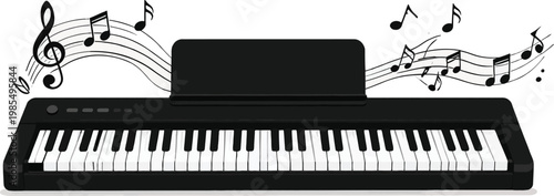 Minimalist line art piano keyboard with floating musical notes.
Minimalist black line art illustration of an electronic keyboard instrument featuring musical notes

