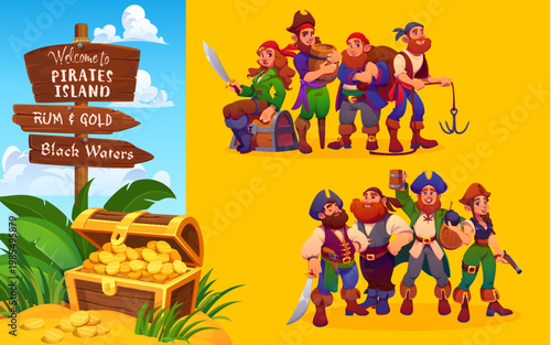 Cartoon pirate and corsair characters at Caribbean treasure island, vector personages. Pirate characters of captain, boatswain with rum barrel and skipper with saber sword or sailor woman with musket