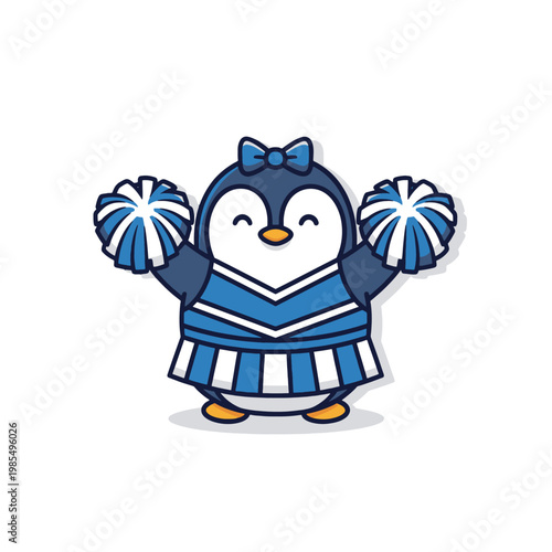 A cute cartoon penguin dressed in a cheerleader outfit is holding pom-poms and smiling happily