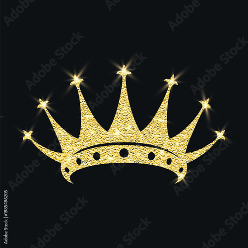 Vector Shining Gold Glitter Crown Icon. Royal Tiara. Luxury Sparkle Crown Emblem on Black. Gold Glitter Crown Icon for Queen and King. Gold Glitter Crown Clipart, Luxury Tiara Logo, Sparkling Jewel