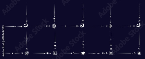 Esoteric mystic celestial border corners. Vector set of magic Boho frames, elegant space decoration with a stellar embellishments. Decorative silver angles with stars, moons, suns and cosmic patterns
