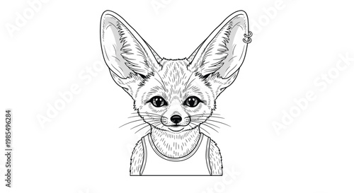Unique hand-drawn character illustration of a fennec fox with large ears wearing a casual tank top and featuring several cool metal ear piercings.