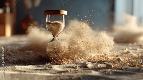 Hourglass with sand bursting into motion, symbolizing the uncontrollable flow of time, stress, urgency, and mental overload, reflecting anxiety, burnout, and the pressure of modern life