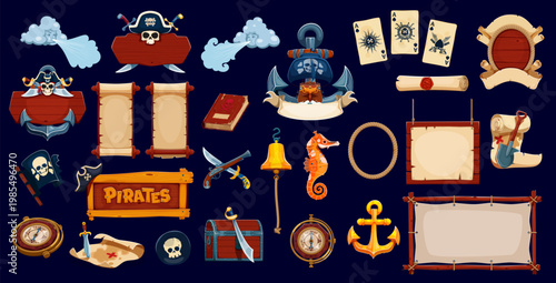 Caribbean pirates or corsairs game icons, vector piracy symbols. Cartoon treasure map, chest and ship, anchor, captain hat, black flag and skull pirate game icons, signboards and paper scroll frames