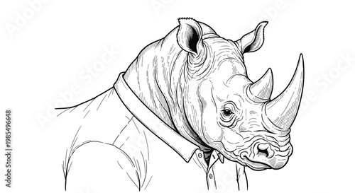 Whimsical hand-drawn sketch of a rhinoceros head and shoulders dressed casually in a collared polo shirt for a creative animal character.