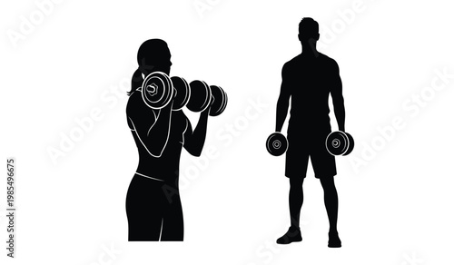 Two individuals are depicted in a sleek black silhouette each engaged in weightlifting exercises showcasing strength and fitness silhouette high quality professional detailed modern