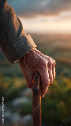 Elderly man's hand holding walking stick against sunset backdrop, vertical photo