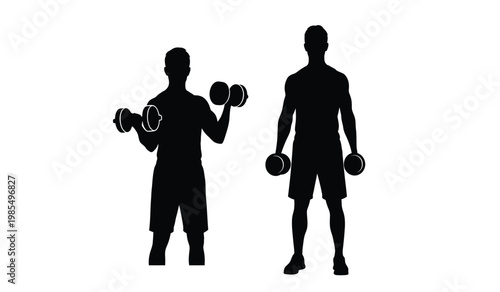 Two athletic men are depicted in a striking black silhouette actively lifting dumbbells with focused intensity showcasing strength and fitness silhouette high quality professional