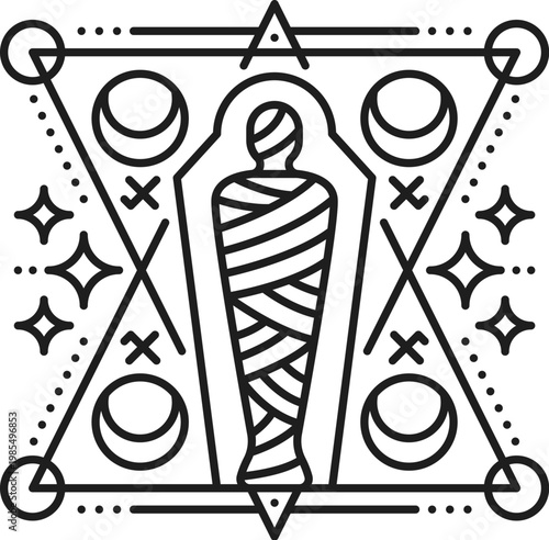 Egyptian mummy in bandages esoteric line tattoo or symbol. Ancient culture boho linear vector tattoo, egyptian history esoteric thin line sign. Africa mythology sacred print with pharaoh mummy