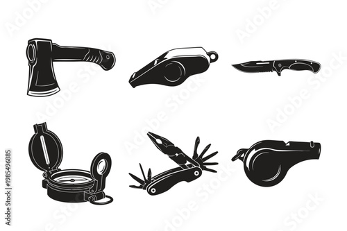 Silhouette outdoor survival tools set bundle axe knife compass.