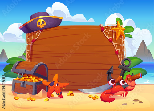 Pirate banner with funny sea animal corsair characters at Caribbean treasure island, cartoon vector. Crab pirate with saber sword and starfish seaman sailor with gold coins chest at ship wreck banner