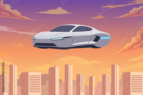 Futuristic flying car above smart city at sunset. Autonomous air vihicle concept illustration