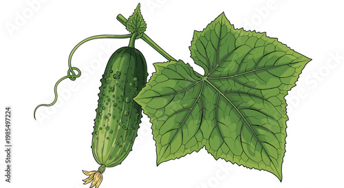 Realistic colored drawing of a green cucumber growing on a vine with a large textured leaf and a small yellow flower on a white background.