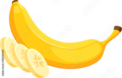 Cartoon ripe yellow banana fruit with peel and cut slices. Isolated vector fresh tropical plant. Natural whole and sliced exotic fruit with yellow skin. Healthy organic vitamin product, sweet dessert