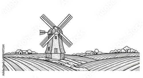 Traditional countryside landscape featuring a large wooden windmill standing amidst tilled agricultural fields under a clear sky in engraving style.