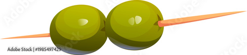 Cartoon green olives on wooden skewer depicting food cooking process and kitchen utensil. Vector snack food, appetizer, Mediterranean cuisine garnish or tapas. Two ripe green olives aligned on stick.