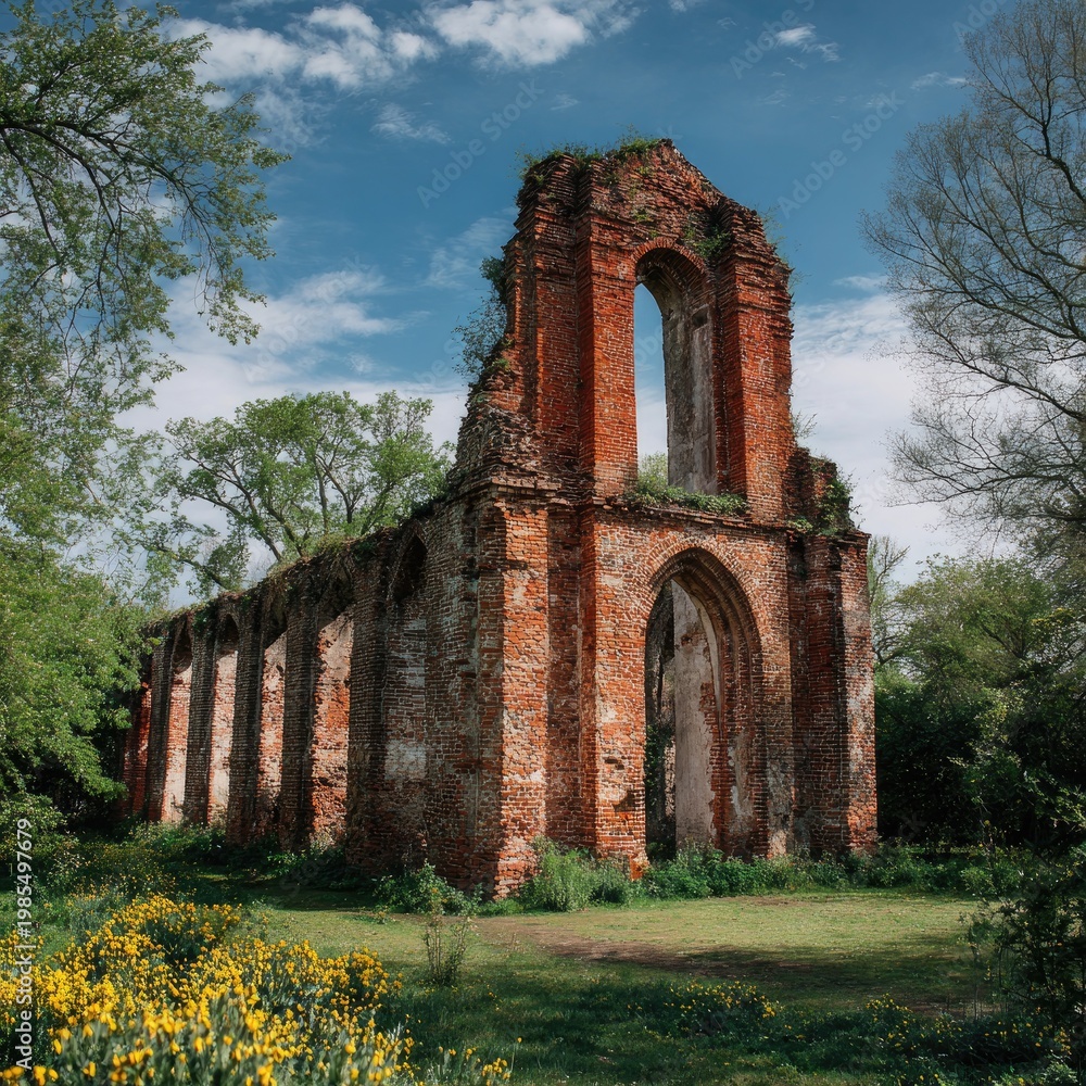 Obraz premium Ruined brick church stands open against a blue sky, surrounded by trees and spring flowers