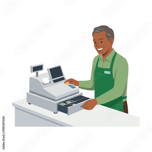 Smiling man operating cash register at store counter with drawer