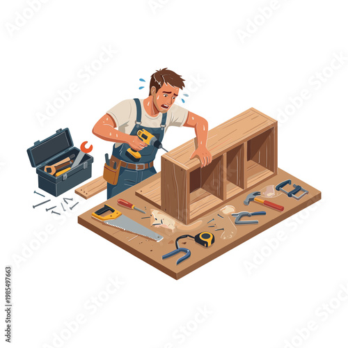 A man in a workshop is assembling a wooden shelf with tools.